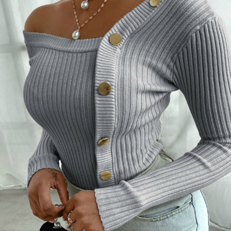 Women Fashion Elegant Knitted Tops Long Sleeve Off Shoulder Sexy Casual Slim Buttons Top Femme Ladies Solid Sweaters Fall Spring