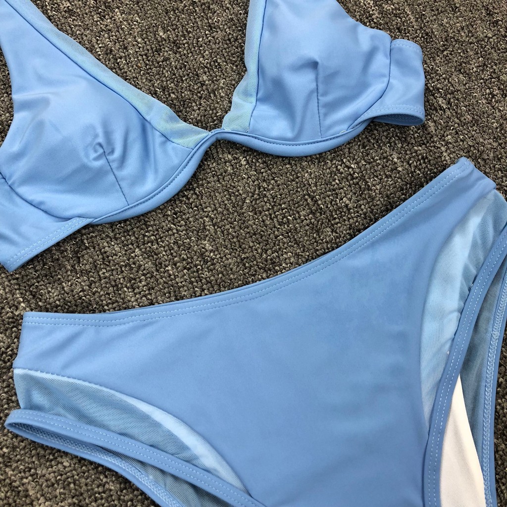 Women Solid Color Push Up Bra Bikini Set Beach Swimsuit Sheer Split 0884