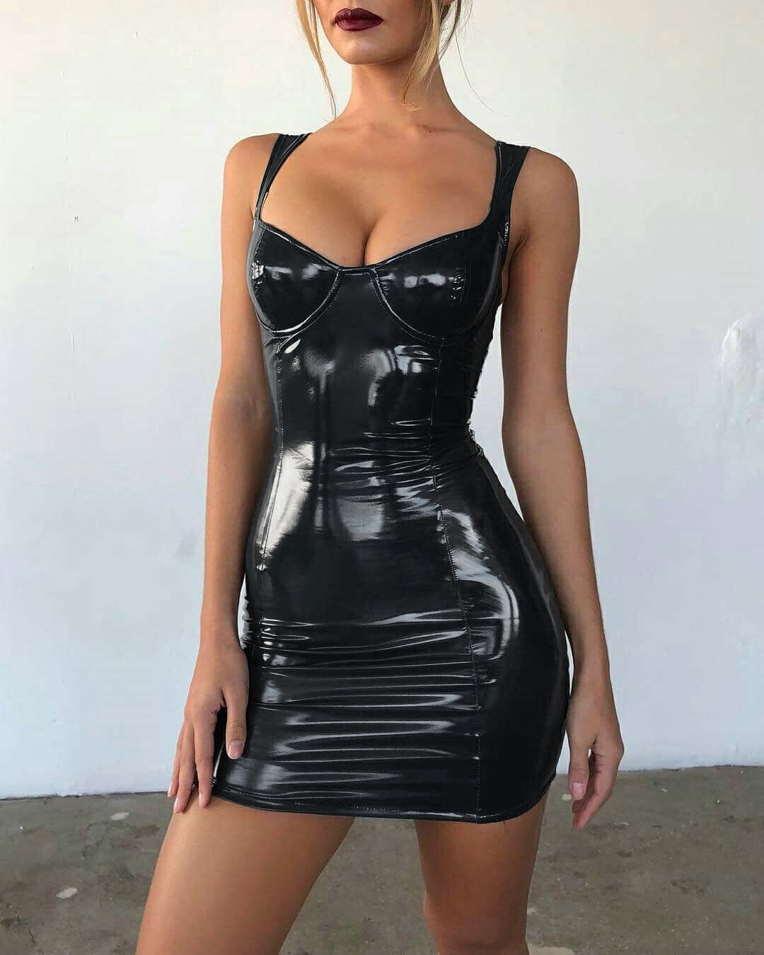 tight black leather mini dress