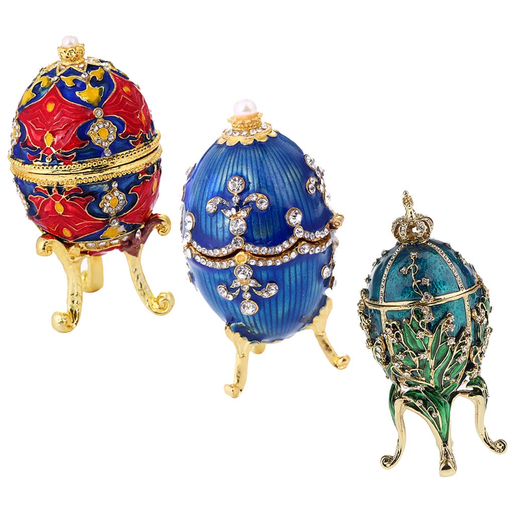 3pcs Luxury Faberge Easter Eggs Russian Royal Case Leg Jewellery Box Holder 