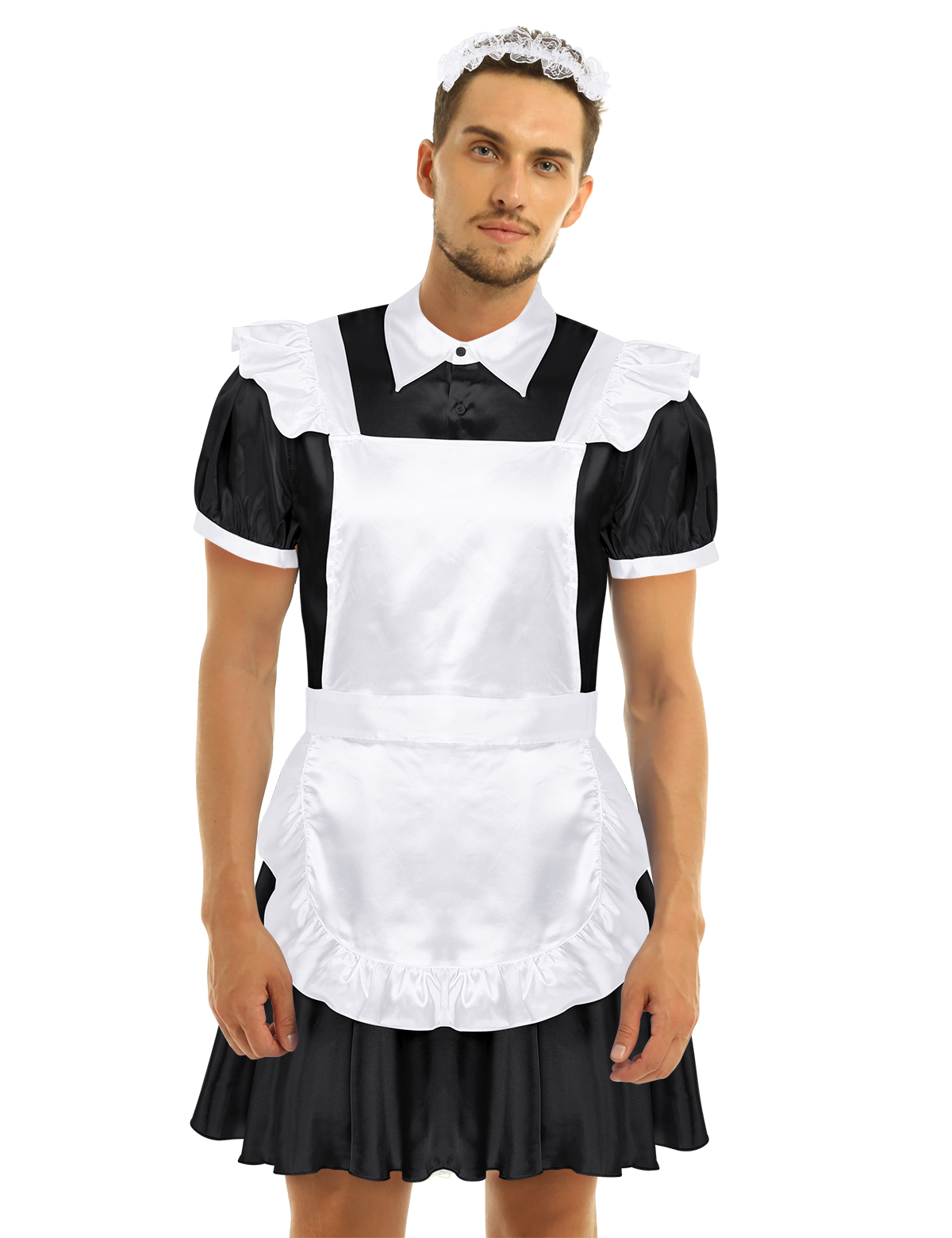Mens Sexy Sissy Maid Fancy Cosplay Costume Outfit Turn Down Collar Puff