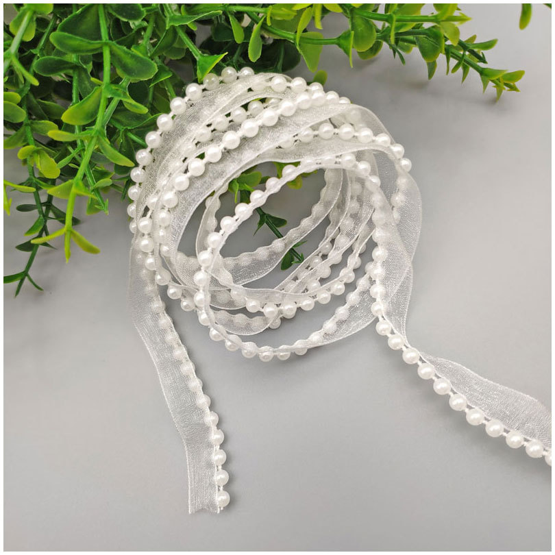 Description Picture 2 of item5Meters/Lot 1.2cm Chiffon Lace Ribbon with Fake Pearl DIY Apparel Sewing & Fabric Beaded White Lace Trimming Garment Tape