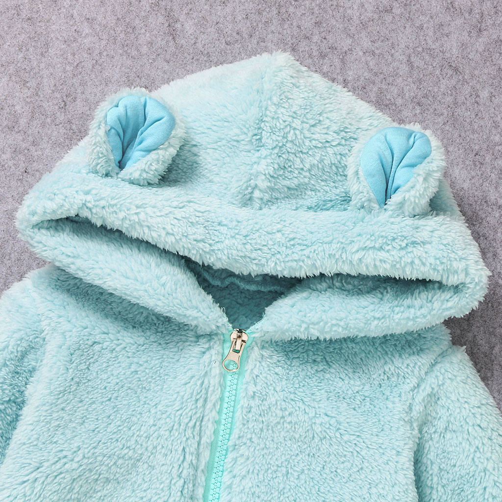Newborn Baby Boy Winter Fleece Jumpsuit Solid Hooded Romper Warm Coat Outwear