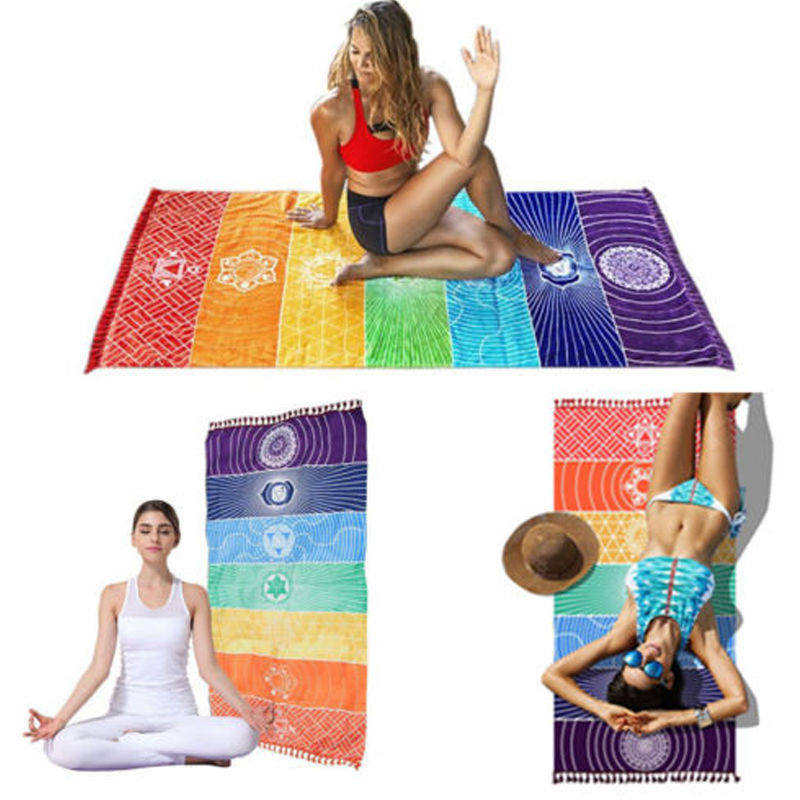 Description Picture 2 of itemWomen Yoga Mat Bohemia India Mandala Blanket 7 Chakra Rainbow Stripes Tapestry Beach Mats For Women Throw Towel Travel Yoga Mat