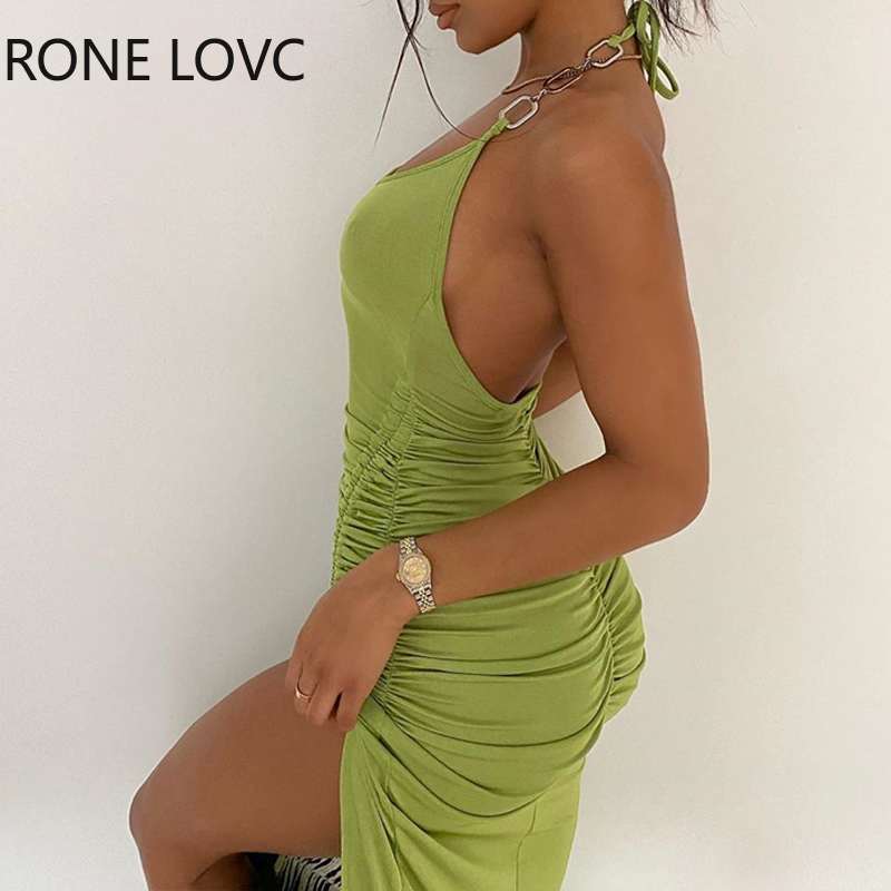 chains backless halter bodycon dress