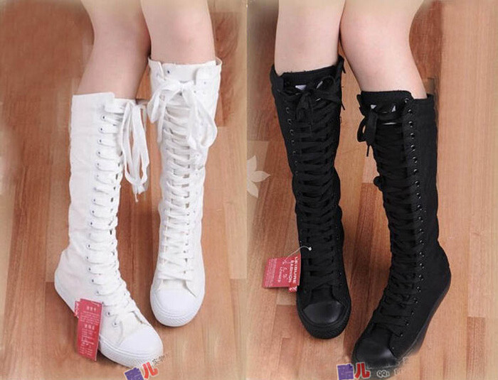New style on list fashion Womens Canvas Lace Up Knee High Boots Sneakers Flat Casual Tall Punk Shoes free shipping W001 