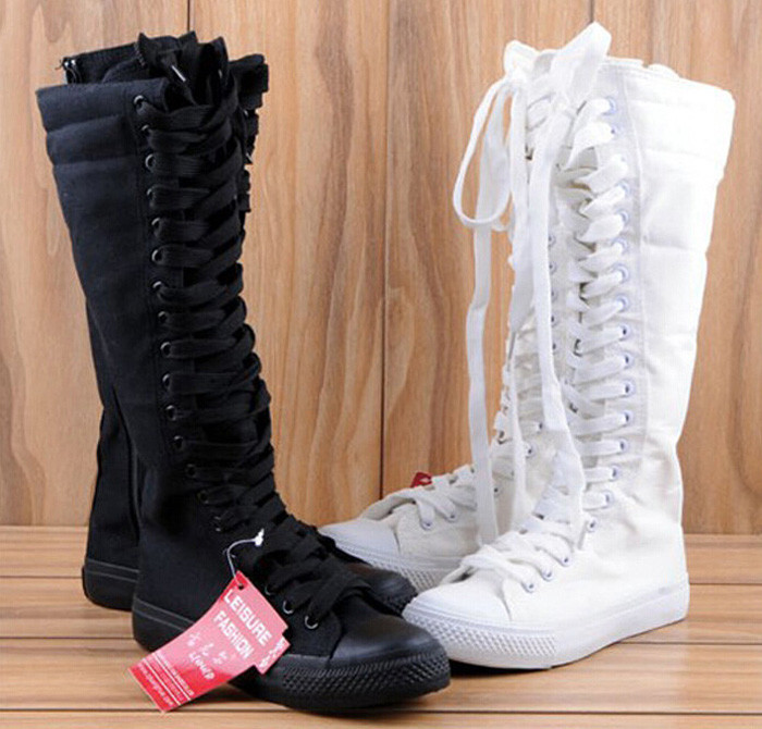 New style on list fashion Womens Canvas Lace Up Knee High Boots Sneakers Flat Casual Tall Punk Shoes free shipping W001 
