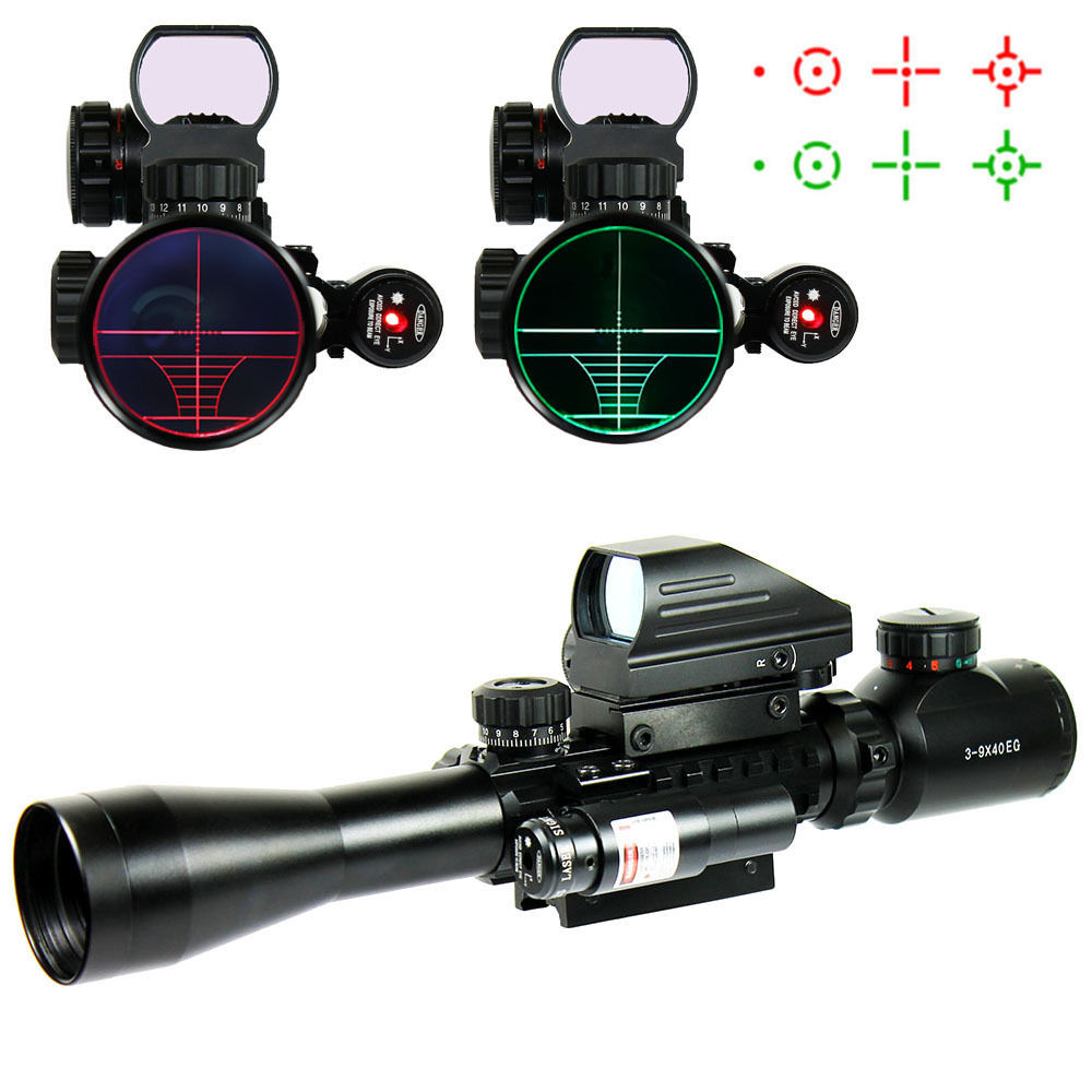 Optics Rifle 3-9X40 Illuminated Hunting Red/Green Laser Riflescope with Holographic Dot Sight Combo Airsoft Weapon Sight