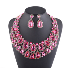 Luxury Big Rhinestone Necklace earrings Pink waterdrop Crystal Bridal Jewelry Set Weding Dress Jewelry Party Prom Accessories