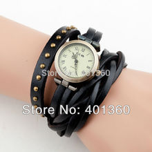 Drop shipping New Vintage Cowhide Spirally Wound Leather Band Weave Braid Bracelet Wrist Watch with Rivet