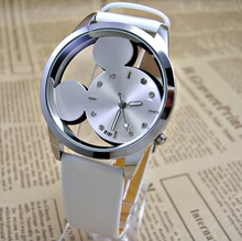 New 2014 Fashion Mickey Delicate transparent hollow dial leather strap wristwatches quartz watch women rhinestone watches white