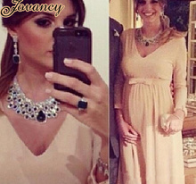Elegant Long Plus Size Champagne V Neck Long Sleeve Bow Empire Court Train Chiffon Maternity Evening