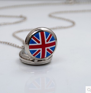 New the Union Jack Pocket Watch Flag of UK Pendant Necklace Timepieces Alloy quartz Necklace Watches with sweater chain