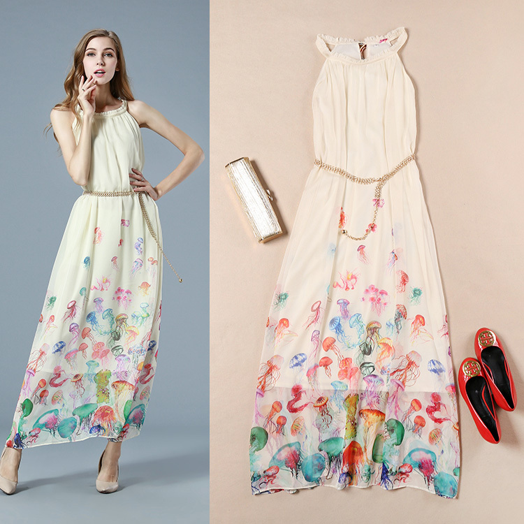 Print Dress 2015 Fashion Summer Brand Dress Sleeve Colorful Jellyfish Print Ankle-Length Long Dress Silk Dress Women