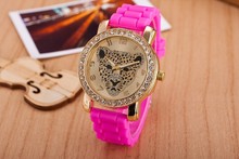 Nuevo 2015 deportes moda rhinestone wristwatchcasual ginebra la jalea del silicón relojes mujeres Sexy cabeza del leopardo del reloj montre femme