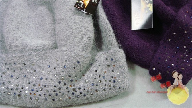2015 fashion beanie with diamond cap women\'s rabbit fur hat knitted winter wool hat women beret cap 