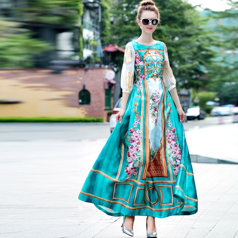 2015 Autumn Winter Runway Maxi Long Dress European Fashion Women's Royal Vintage Print Big Expansion Full Length Dresses