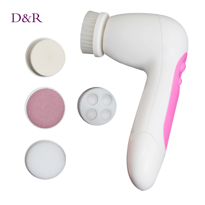 Electric Battery Skin Care Tools Facial Scrubber Massager Cleanser Beauty Machine with 5 Heads