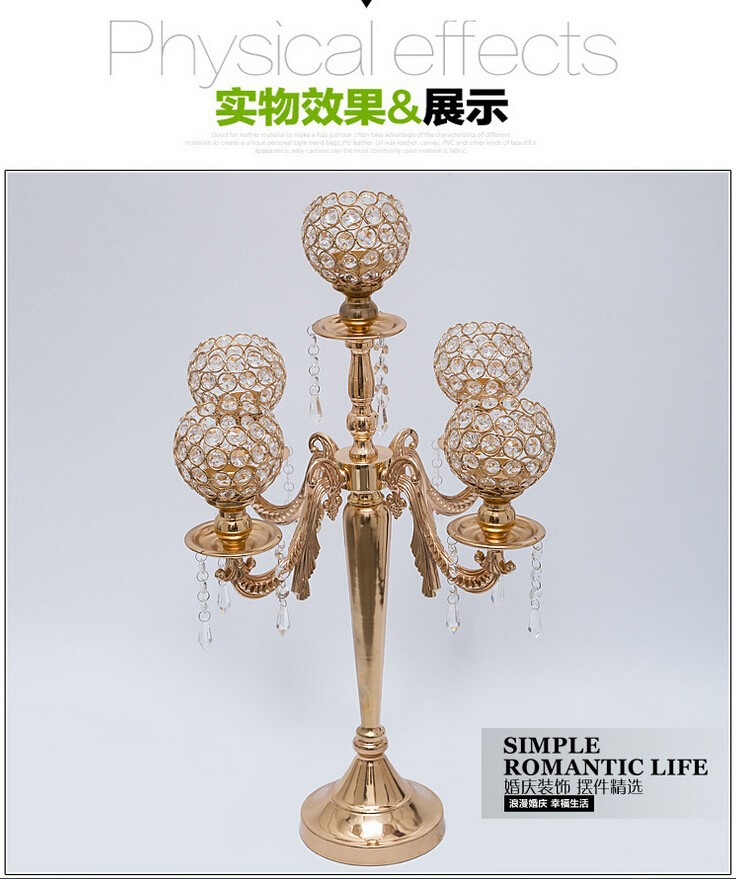 H65cm Fashion france gold 5 arm candle holders crystal candle holders wedding crystal candelabra Candlestick wholesale ZT079
