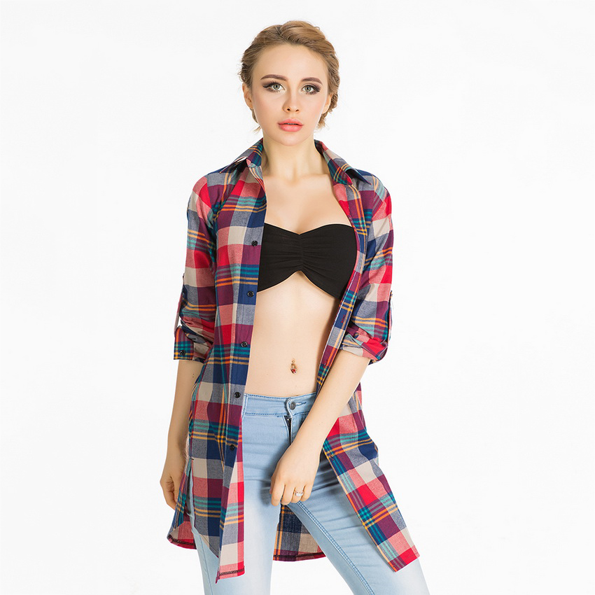 Plus Size Cotton Long Red font b Plaid b font Shirt Women Loose Boyfriend Style Adjustable