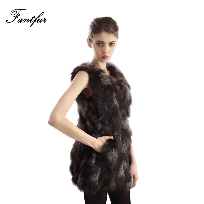 FANTFUR Women Nature Pieces Fox Fur Vest Waistcoat Long Style Warm Real Fox Fur Outwear Plus Size S-3XL