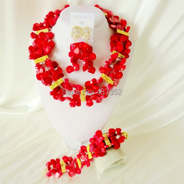 Handmade Nigerian African Wedding Beads Jewelry Set , Pink Coral Beads Necklace Bracelet Earrings Set CWS-355