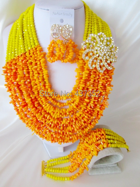 Handmade Lemon Yellow and Orange Party Nigerian Wedding African Coral  Beads Jewelry Set Free Shipping CPS3701