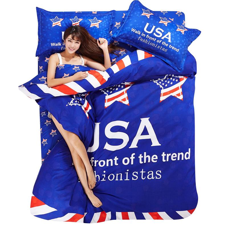New 2016 USA Star Bedding Set Cotton Duvet Cover King Size Flat Bed Sheet Pillowcases Bed Linen Sets for Adults Kids