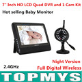 Free shipping wireless 7 TFT LCD Monitor with 1 Baby monitor Camera 4CH QUAD DVR Security