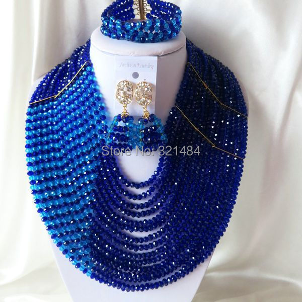 Fashion African Wedding Beads Jewelry Set 15 layers Royal blue Crystal Nigerian Beads Necklaces Bracelet Earrings CRB-1037