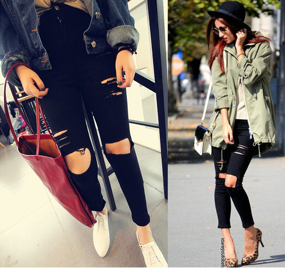 2015 High Waist Jeans Woman Knee Skinny Pencil Pants Slim Denim Ripped Boyfriend Jeans For Women Black Ripped Jeans for women