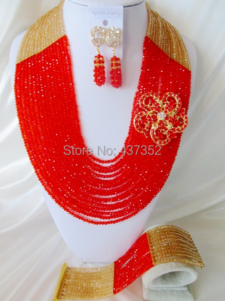 Glamorous 22'' Long 16 layers Champagne Gold and Red Crystal Nigerian Beads Necklaces African Wedding Beads Jewelry Set NC034