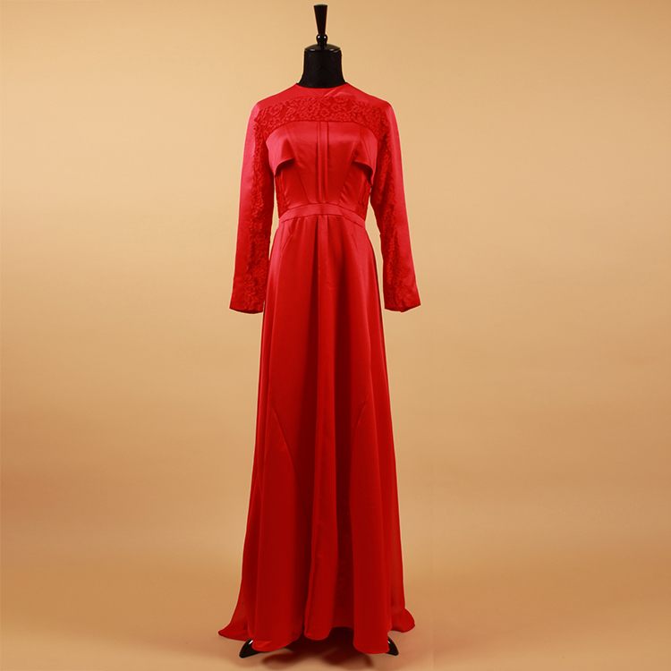New Fashion 2015 High Quality Women's Elegant Long Sleeve Floor-Length Red Lace New Year Evening Dress