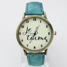 Francés Je Taime Women Watch 2015 nueva moda Casual Watch tela de mezclilla mujeres se visten de pulsera de moda reloj de cuarzo analógico reloj