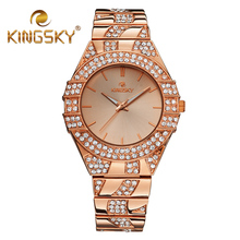 Kingsky marca oro rosa diamante relogio masculino moda Casual Women Watch reloj de la pulsera de cadena de aleación de reloj de tiempo de cuarzo