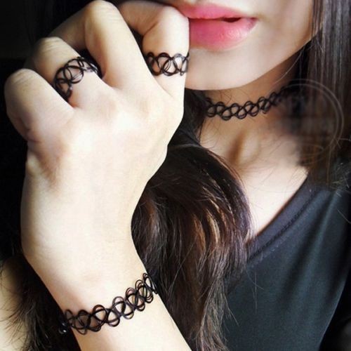 Tattoo Choker Necklace Stretch Black Retro Henna Necklace Bracelet Ring Set 90s