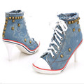 2016 new arrive women Denim canvas high heeled shoes lace up fashion Rivets high heels free