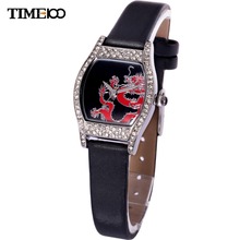 Fashion Time100 Women Quartz Watch Analog Dragon Diamond Dial Black Leather Strap Wrist Watches For Women mujer orologio polso