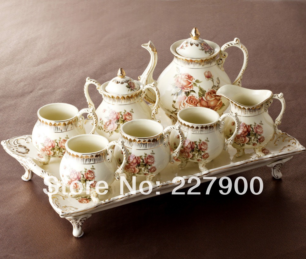 8 Piece Creative European England Luxury Hand Painted Red And Gold Flower Ivory Porcelain Ceramic Coffee