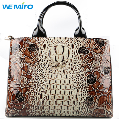 2015 New Alligator Genuine Leather Women Tote Embossed Patent Rose Casual Tote for Office Lady Long Strap
