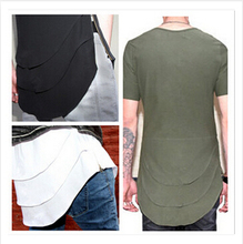 US style Extended t shirt Men’s new personalized Fishtail multi fold curved hem zipper short sleeve longline t shirts hip hop