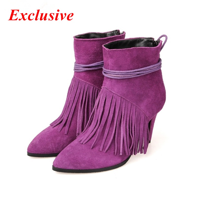 Autumn winter Cross straps Pointed Toe Femininity Fringed boots Purple Black Warm Short plush Fashion sexy Ankle boots Duantong