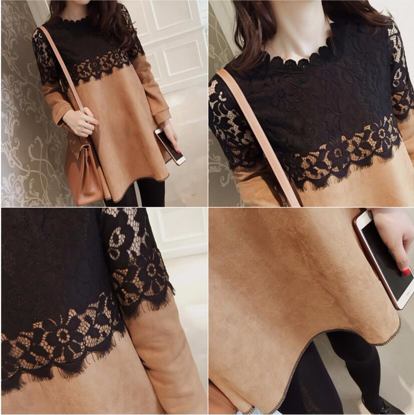 Pregnancy fashion lace stitching Top faux suede round neck loose A-line dress top Outerwear