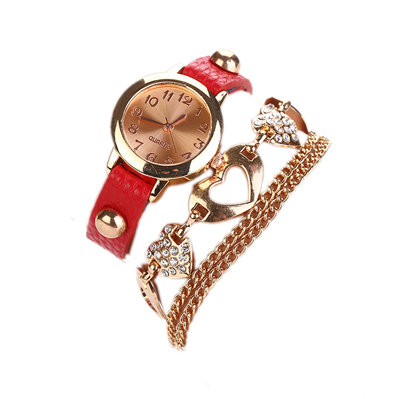 Cheap EA14 Women Faux Leather Rhinestone Heart Shaped Bangle Bracelet Dial Wrist Watch