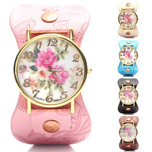 La nueva moda ginebra peonía flor Vintage mujer cuero reloj de cuarzo reloj de vestir informal damas Rhinestone reloj de pulsera envío gratis
