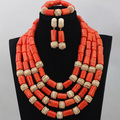African Nigerian New 4 Rows Orange Add Gold Ball Coral Beads Party Jewelry Set Costume Jewelry