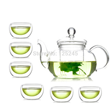 1 heat reistant glass teapot 600ml+6 double wall glass tea cups 7pcs/set coffee&tea sets