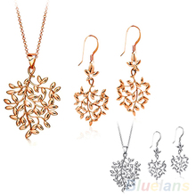 Sumptuous Women’s Fashion 9K Gold Plated Tree Leaf Design Necklace Earrings Jewelry Set 7E8G