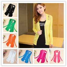 New 2015 Fashion Women Cardigan Lace Flower Sweet Candy Color Crochet Knit Blouse Sweater Cardigan Coat