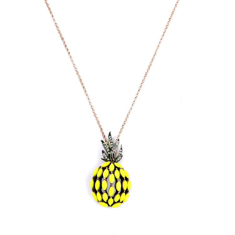 Cute Pineapple Pendant Necklace Long Chain Lovely Yellow Rhinestone